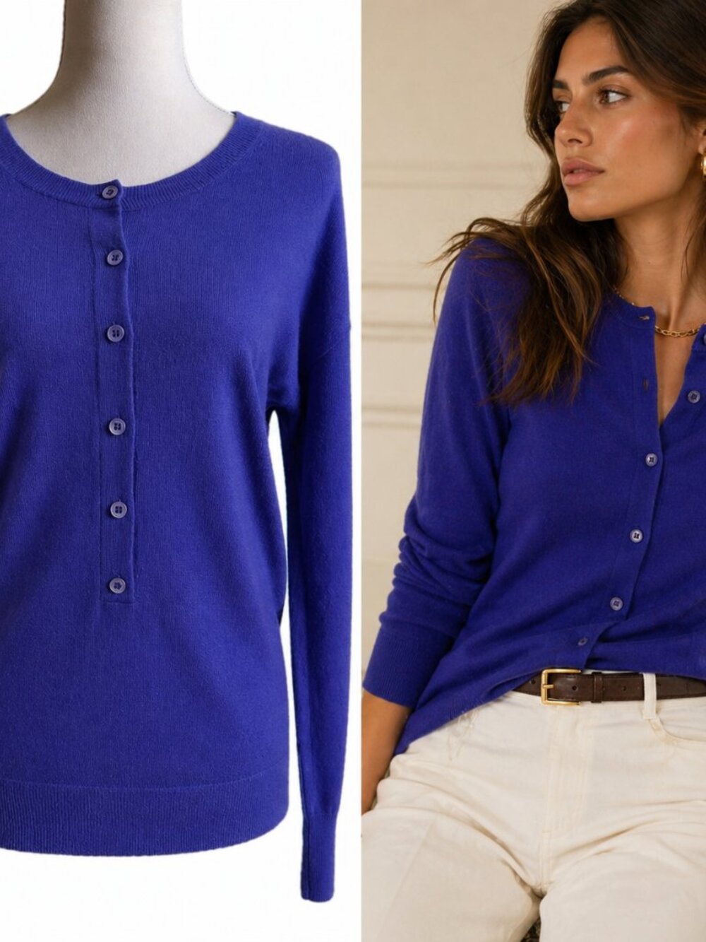 J.Crew Italian Cashmere Royal Blue Henley Sweater XS Quiet Luxury Classic Knit